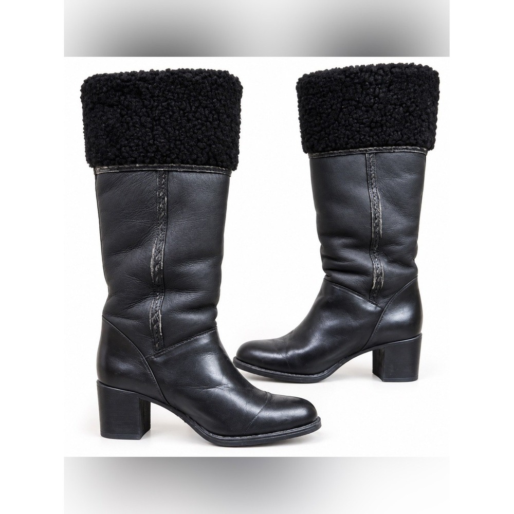 Vintage Tervolina Black Leather Fur Cuff Boots Italy 39 Y2K 90's